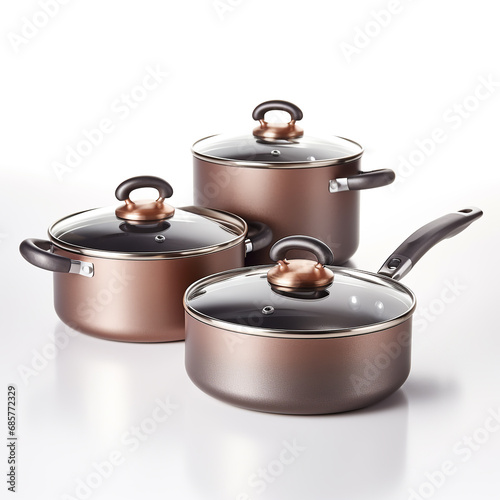 set of modern saucepans on white background photo