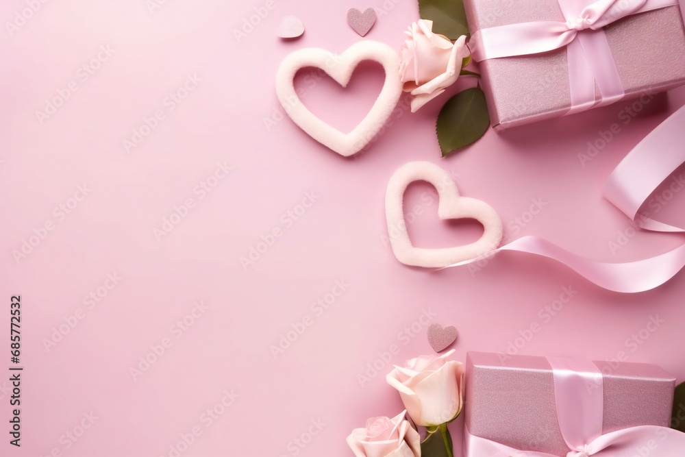 Gift boxes and ribbon on pink background. Gift or present box on pastel pink. For valentines ad