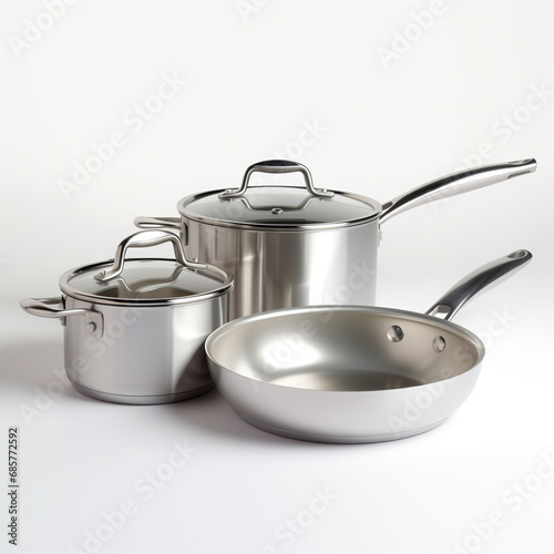 set of modern saucepans on white background