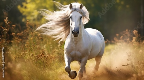 A graceful horse in a sunlit pasture, mane flowing in the breeze, radiating strength and beauty.