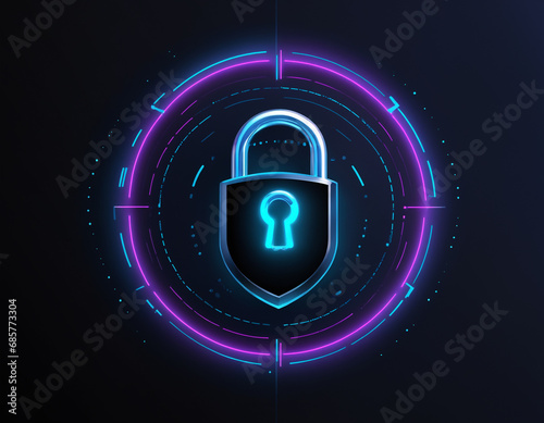 Cyber security graphic representing a padlock in neon colors in a virtual space