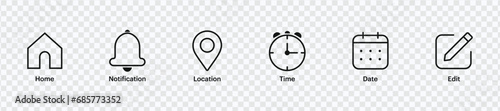 Explore a versatile web icons set featuring Address, Home, Location, Notification Bell, Stopwatch Timer, Date Calendar, and Edit symbols for comprehensive digital designs.