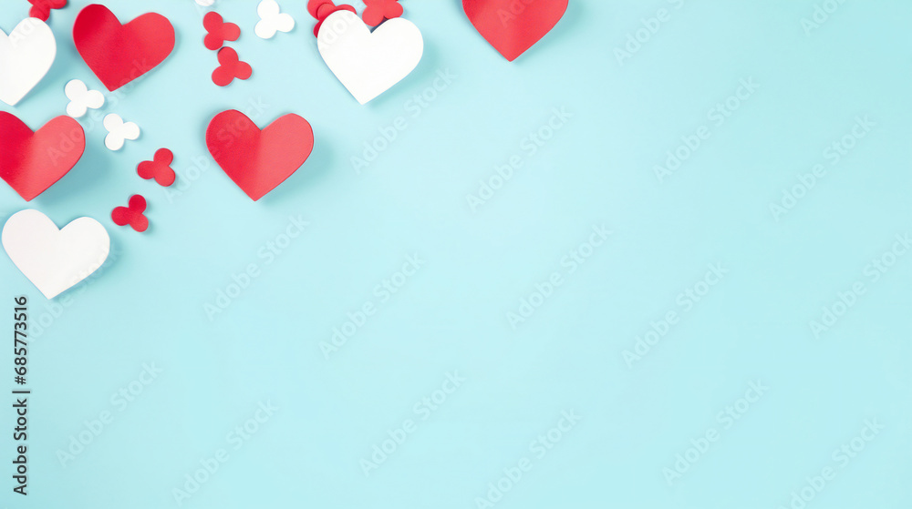 White and red hearts on pastel blue tones. Valentine's Day background. For valentines ad