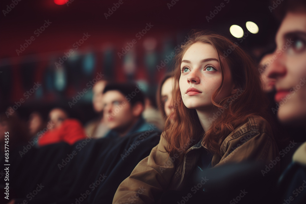 Engrossed Young Woman Deeply Immersed in a Film at the Cinema, Experiencing the Magic of the Big Screen