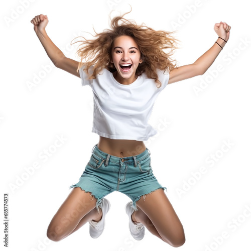 Happy young girl jumping alone, isolated on a white background Transparent PNG