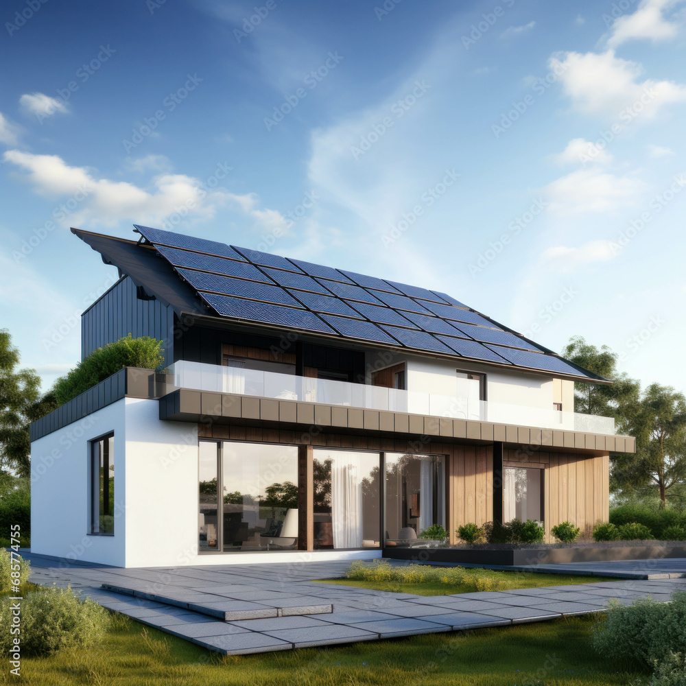 Green technology on display with a house equipped with solar panels. Clean and sustainable energy for a modern and eco-conscious lifestyle. ai generative