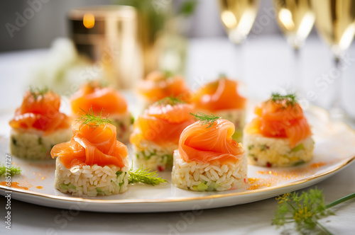 Spicy Salmon Crispy Rice bites on a tray. Horizontal, close-up, side view.