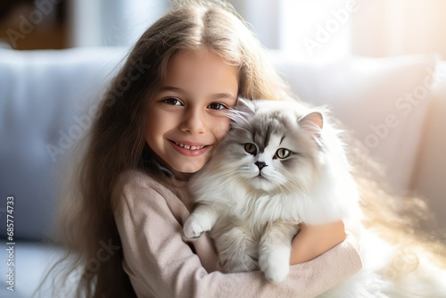 Little girl hugging cat with cat on lap,