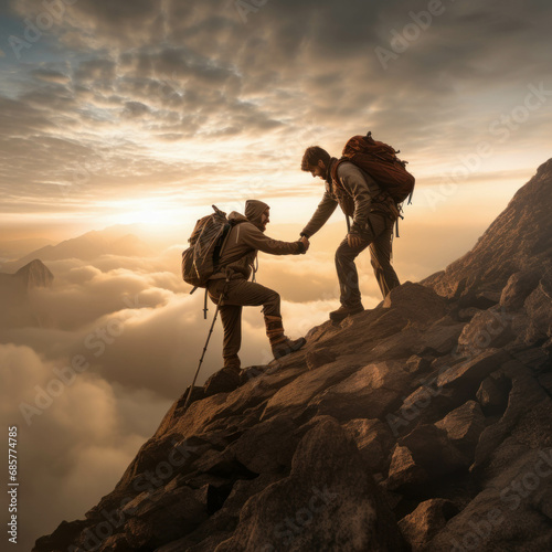 Mountain teamwork Climber helping another to the summit, a powerful image of success, partnership, and adventure. ai generative