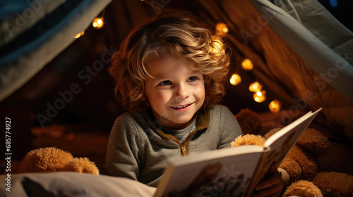 A child is reading a book in a wigwam.