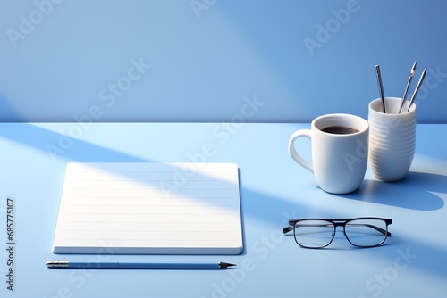 a notebook and glasses on a table