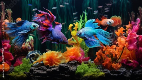 A group of colorful fish swimming gracefully in a well-maintained aquarium, their scales shimmering. © Eun Woo Ai