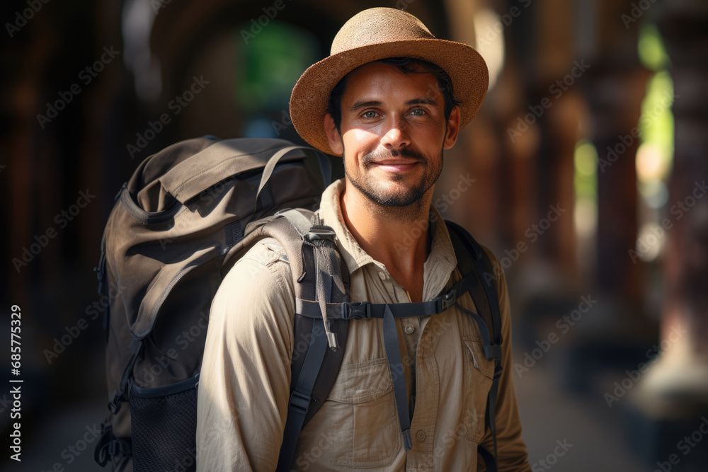 Young male tourist with backpack in the city