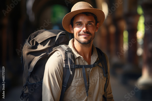 Young male tourist with backpack in the city