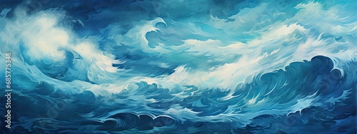 the blue water mixed with blue swirls look like waves,  digital painting © Pawe