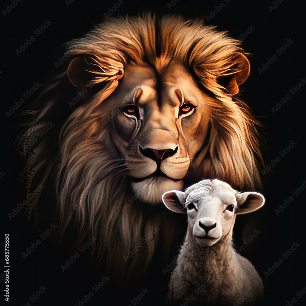 Nature's contrast Lion and lamb together, a powerful and harmonious depiction of wildlife in a serene background. ai generative
