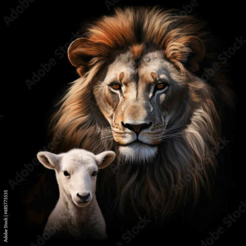 Wildlife harmony The lion and the sheep in peaceful coexistence  showcasing the beauty of nature s contrasts. ai generative