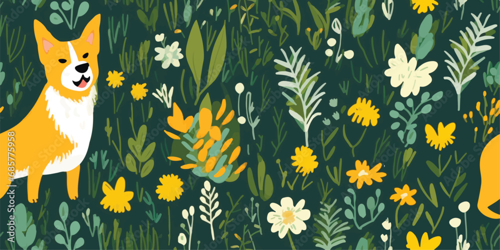 Cute cartoon spring summer dogs and flowers. Vector print pet in garden. Floral seamless pattern