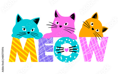Cute abstract illustration with cartoon cats in glasses fruits. Design for children and girls. 
Summer fashion girlish print for t-shirt 