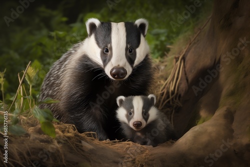 a badger and baby badger in the dirt