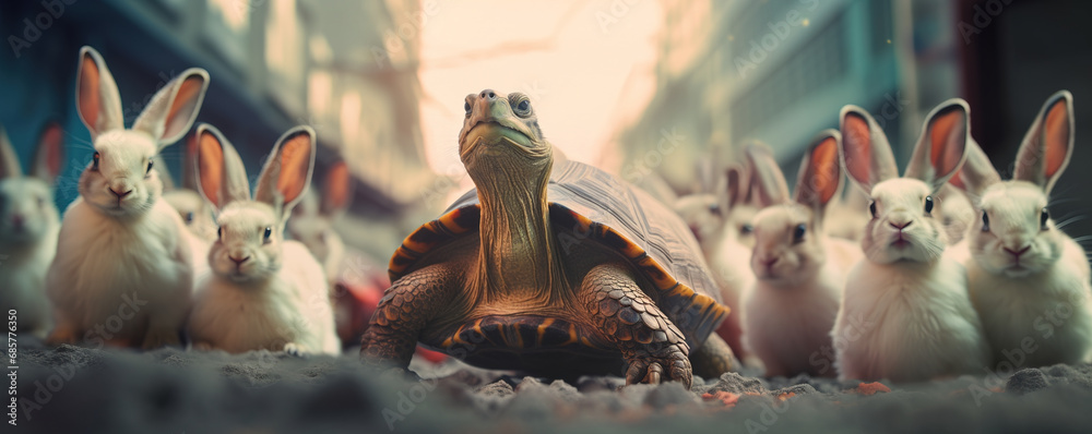 tortoise leading in a hare race in strategy and leadership concept - obrazy, fototapety, plakaty 