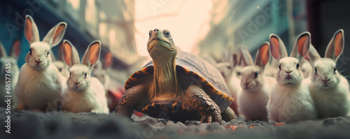 Fotografia tortoise leading in a hare race in strategy and leadership concept