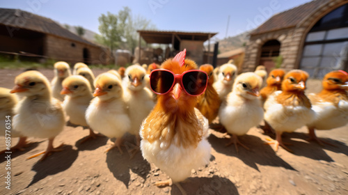 Foto cool baby chick wearing sunglasses outside at the farm
