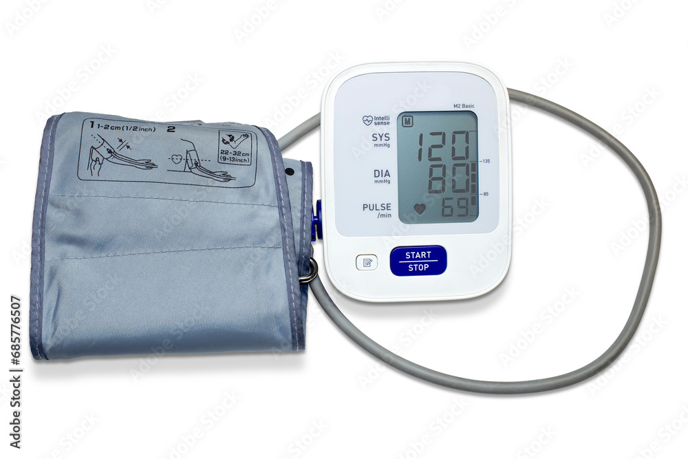 Electronic digital tonometer, device for measuring blood pressure, isolated on a transparent background. The display shows 120/80.