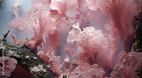 pink fungi growing on a branch