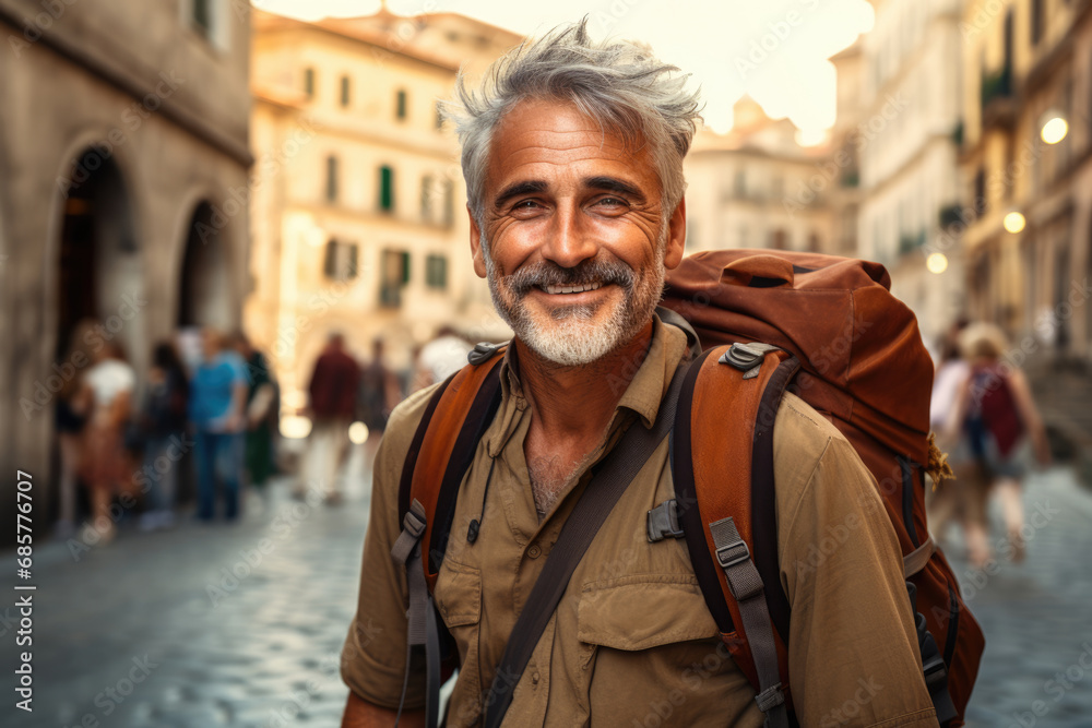 Senior bearded man tourist with backpack