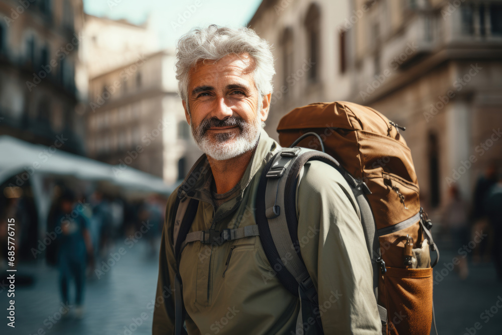 Senior bearded man tourist with backpack Senior bearded man tourist with backpack