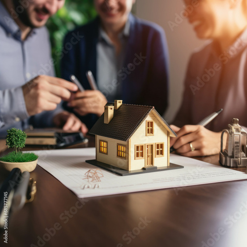 Happy young clients signing a mortgage agreement with a real estate agent. Close-up of a miniature house, symbolizing the journey of home loan and property ownership. ai generative photo