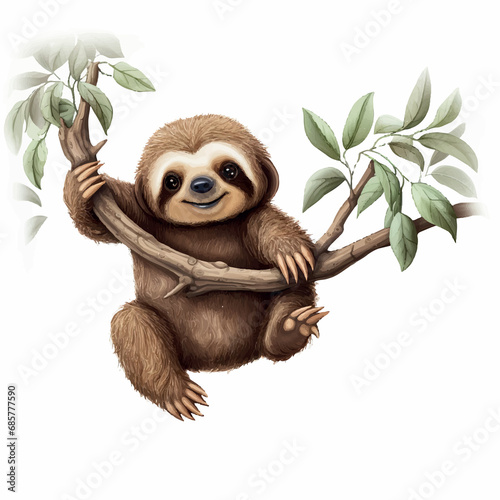 cartoon illustration sloth hanging from branch, white background  photo