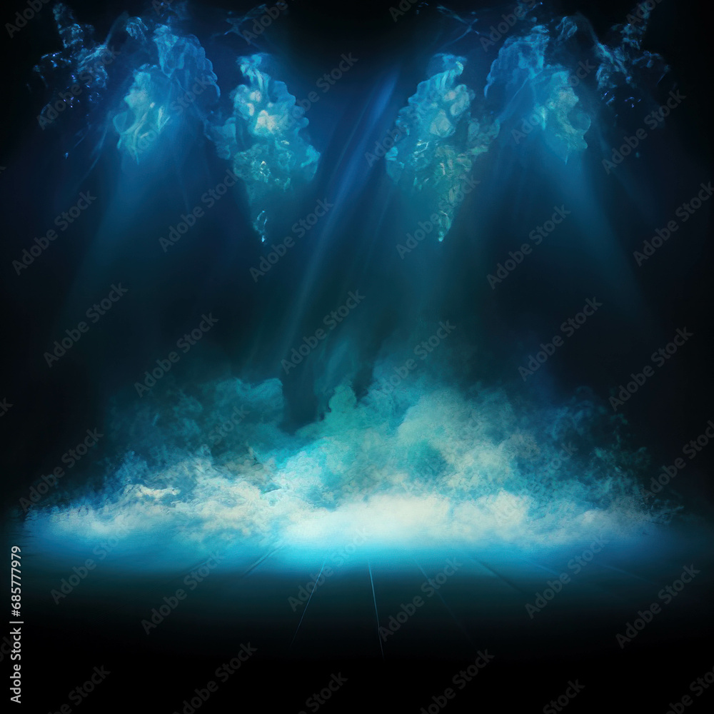 Energetic stage atmosphere: Blue spotlight with voluminous smoke, creating an immersive concert experience on a dark background. ai generative
