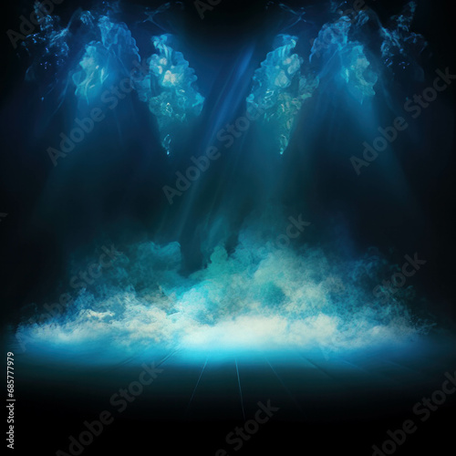 Energetic stage atmosphere: Blue spotlight with voluminous smoke, creating an immersive concert experience on a dark background. ai generative