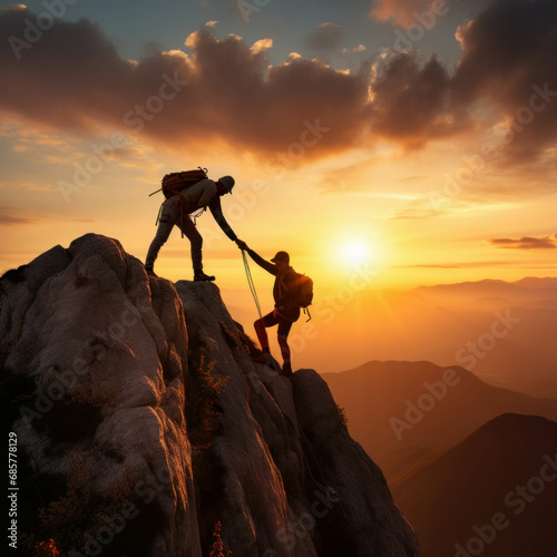 Teamwork on the summit Climber assisting another on a mountain, a powerful symbol of success and mutual support. ai generative