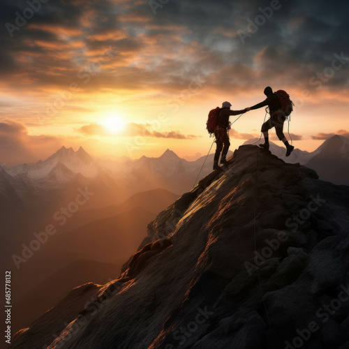 Silhouette of a climber helping another on a mountain peak, symbolizing success, teamwork, and the spirit of adventure. ai generative