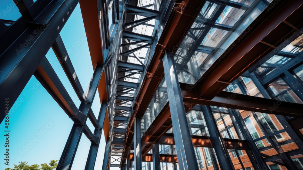 Obraz premium The steel beams of the building rise up into the sky