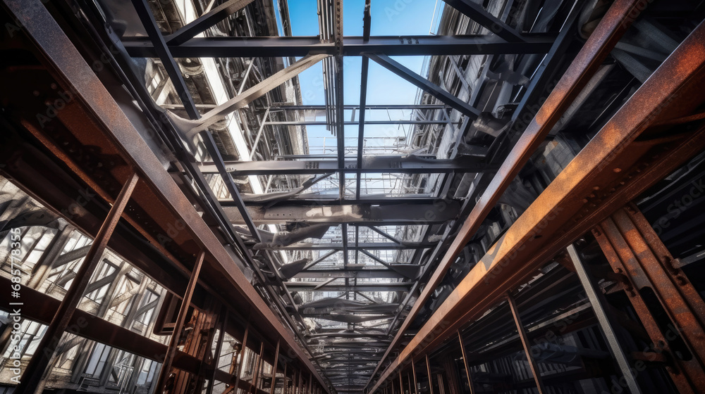 The steel beams of the building rise up into the sky The steel beams of the building rise up into the sky