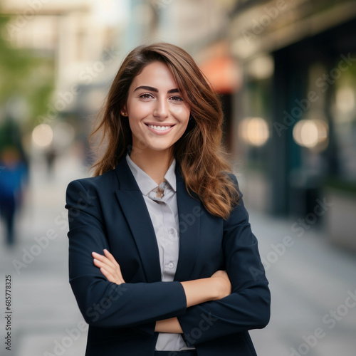 Successful professional woman Outdoor portrait of a young, happy, and confident businesswoman with arms crossed, smiling. ai generative