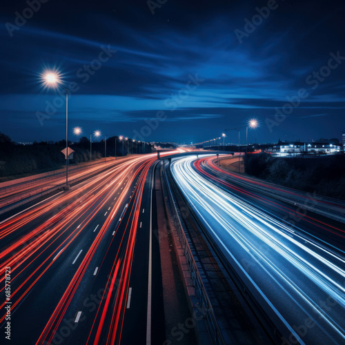Night traffic streaks: Lines of vibrant light on an urban road, showcasing the energetic motion and speed of the city at night.ai generative