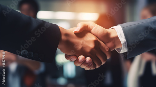 Businessmen making handshake with partner greeting deal Holding hands in office contracts with customers at work Businessman handshake Partnership, successful business contract Generative AI photo