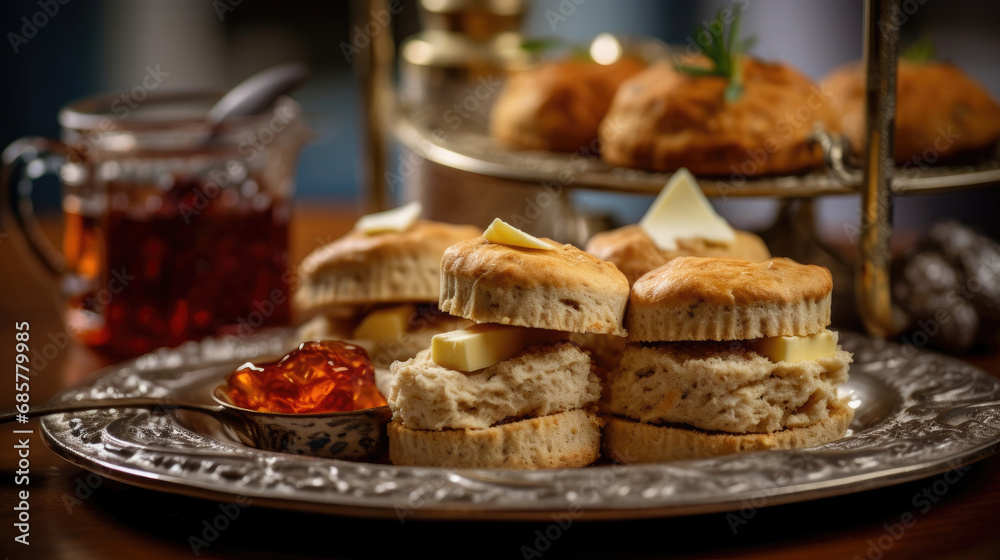 Gourmet cupcakes with a tea tray of sandwiches and scones