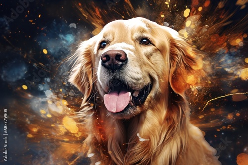 Golden Retriever portrait against the backdrop of a mess at home , Generative AI © tonstock
