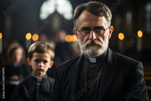 Ernst blickender katholischer Priester in schwarzer Kleidung mit ernst blickendem Jungen in schwarzer Kleidung im Inneren einer Kirche