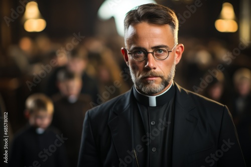 Ernst blickender katholischer Priester in schwarzer Kleidung mit ernst blickendem Jungen in schwarzer Kleidung im Inneren einer Kirche photo