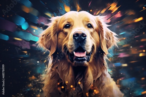 Golden Retriever portrait against the backdrop of a mess at home , Generative AI