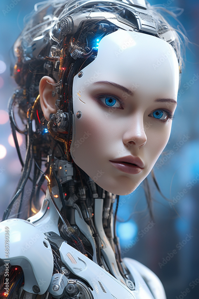 Portrait of a cyborg girl with artificial intelligence. Beautiful woman robot with obstark elements