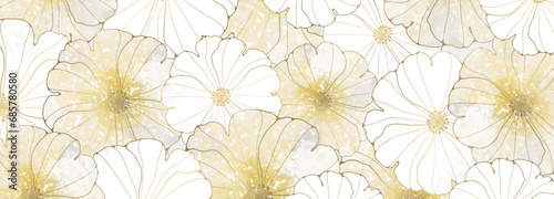 Luxury floral background, poster, banner with gold and white flowers.