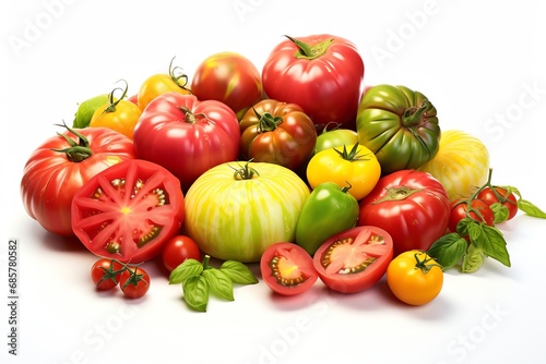 a pile of different colored tomatoes